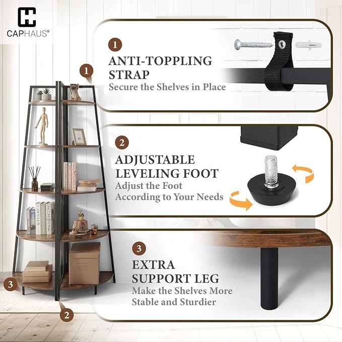 CAPHAUS Tall Corner Shelf Stand, 6-Tier Display Shelves, Ladder Corner Wood Storage Plant Bookshelf with Metal Frame, Versatile Shelving Unit Bookcase for Home Office Space, Rustic Oak