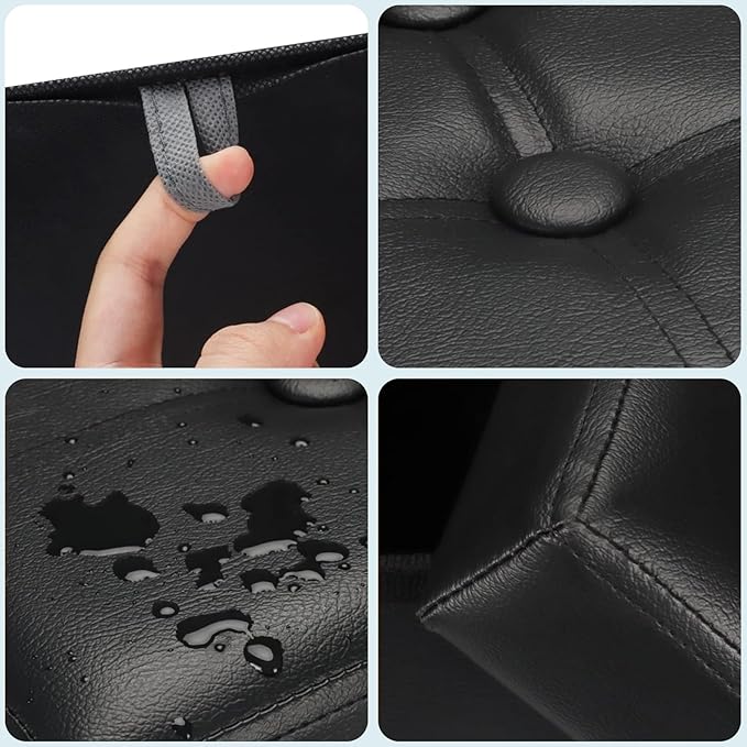 Bsketa Storage Ottoman Foot Rest Stool, Small Leather Storage Ottomans Bench, Folding Footstool with Side Pockets, Foot Rest Under Desk for Living Room Bedroom, 16x12x12 in, Black 2 Pack