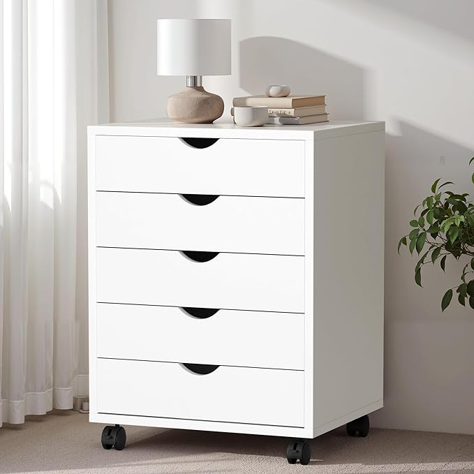 5 Drawer Chest, Storage Cabinet Dressers with Wheels, Dressers Storage Cabinets, Dresser Mobile Cabinet with Wheels, Room Organizer, Drawers Wood Organization Furniture for Office, Home, White