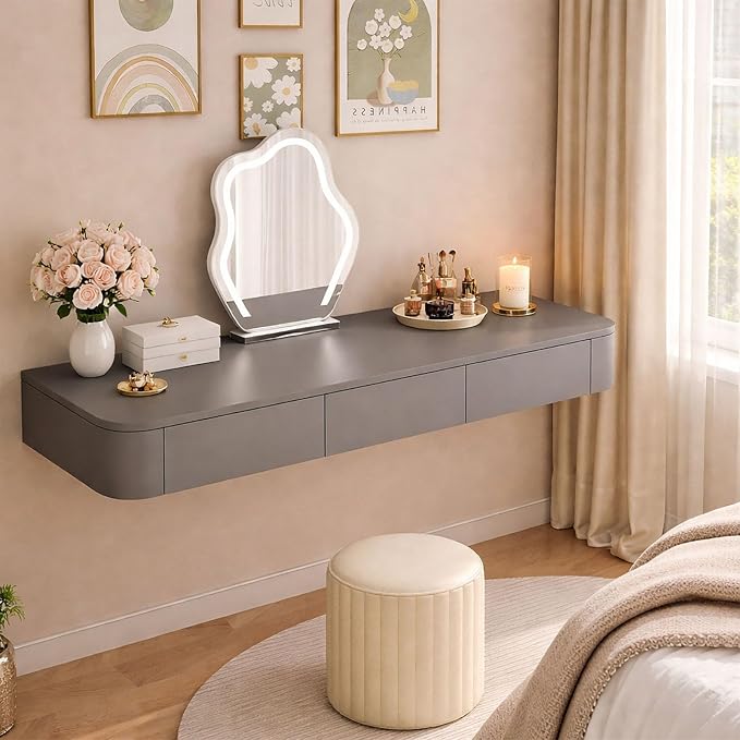 Floating Makeup Vanity Desk with Drawers Wall Mounted Makeup Table with Storage Fully Assembled Floating Vanity Desk Space Saving Modern Dressing Table for Bedroom Closet(Dark Gray,31.5")