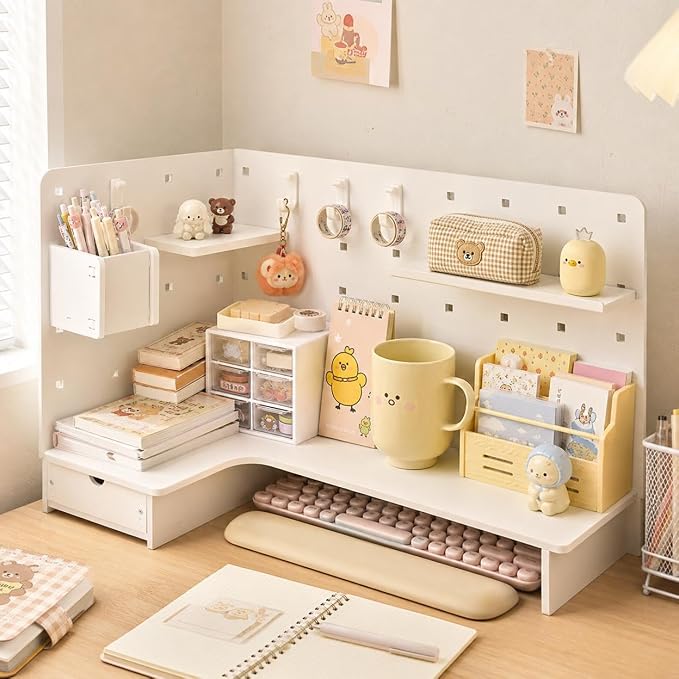 Corner Organizer Pegboard Organizer, White Desktop Storage Shelf, Small Desk Shelf for Home Office, Vertical Desk Storage, Corner Pegboard Shelf - Upgrad (#0142)