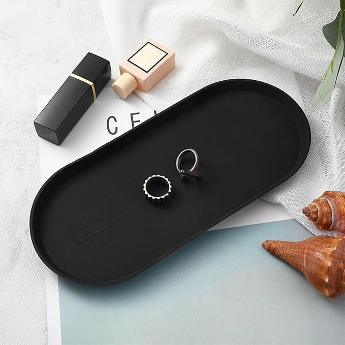 Black Silicone Vanity Tray, 8.66x3.94 Inch Oval Food-Grade Counter Organizer, Dishwasher Safe Scratch-Proof Storage Tray for Jewelry Makeup Bathroom Desk