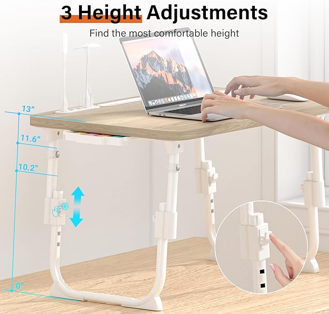 Lap Desk for Bed, Adjustable Laptop Desk with USB Charging Port, Storage Drawer & Bookshelf — Foldable Bed Desk for WFH & Students, 23.6" Desktop Fits 18" Laptop, Non-Slip, Glacier