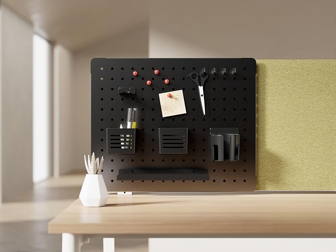 Kantek Pegboard Desktop Organizer & Accessories, Sits, Hangs or Clamps to Tables, 20.58” X 17” Black Steel Privacy Panel, Cup Holder, Pen Cup, Headphone Holder, Tray, Magnets, Easy Install