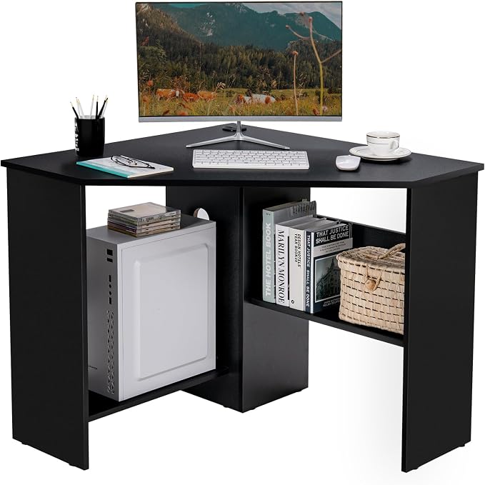 Small Corner Desk, Space-Saving Corner Workstation with Storage Shelves & CPU Stand, 90 Degree Triangle Makeup Vanity Desk, Wood Corner Computer Desk for Small Space (Black)