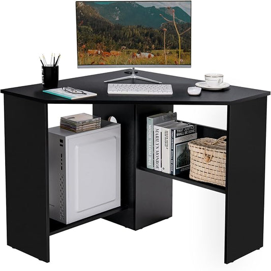 Small Corner Desk, Space-Saving Corner Workstation with Storage Shelves & CPU Stand, 90 Degree Triangle Makeup Vanity Desk, Wood Corner Computer Desk for Small Space (Black)