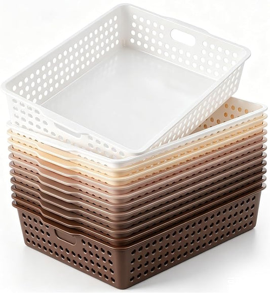 Geetery 12 Pack Classroom Storage Baskets with Handle 14''x10'' Paper Tray Holds A4 Turn in Trays Plastic Paper Baskets Desk Organizer Bin for Classroom, Library, Office, Home (Gradient Brown)