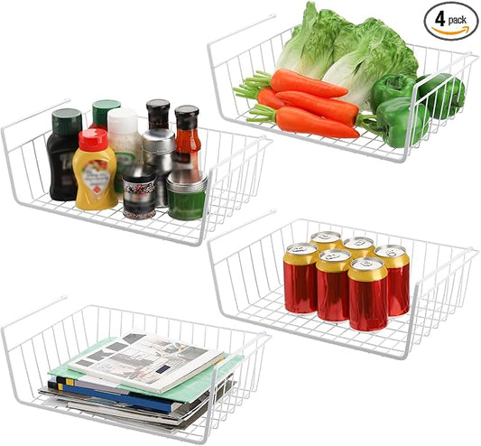 Tebery 4 Pack White Under Shelf Wire Basket Hanging Storage Baskets, Under Cabinet Add-on Storage Racks Slide-in Baskets Organizer for Kitchen Pantry Desk Bookshelf