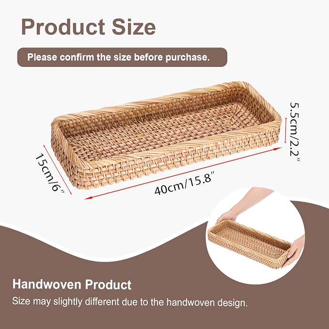 Hipiwe Rattan Basket Tray Handwoven Key Basket Holder for Entryway Long Narrow Bathroom Sink Vanity Tray Toilet Tank Basket Wicker Decorative Trays for Home Decor, 15.8"x 6"x2.2"
