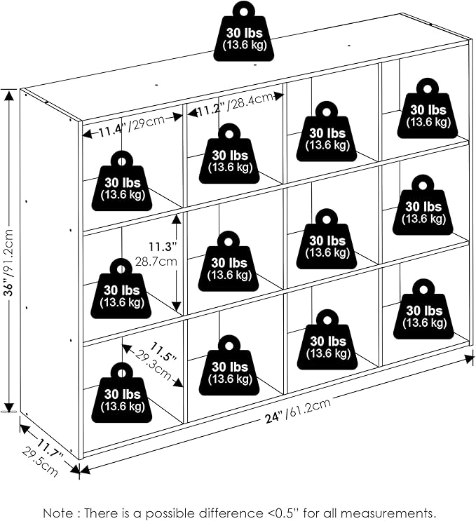 Furinno PELLI Book Shelf, 12-Cube Bookshelf, Cube Storage Organizer Bookcase, 11.7 x 47.6 x 36, for Living Room, Bedroom, Home Office, White