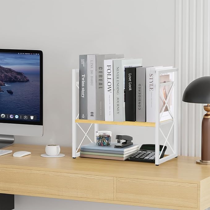 YINMIT Desktop Shelf Organizer, 2 Tier Office Shelves, Wood Desk Organizer Storage Rack and Freestanding Display Shelf for Office, Dormitory, Home (White Wood)