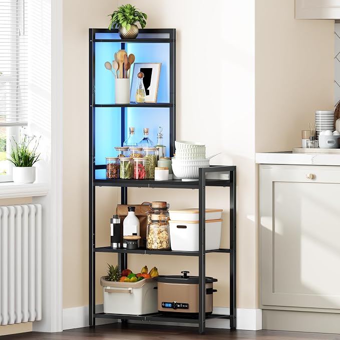 HOOBRO 5-Tier Corner Shelf Stand, Corner Shelf with LED Light, 56.3" Tall Corner Bookshelf, Display Rack Storage Organizer with Table, for Small Spaces, Living Room, Entryway, Black BB69DCJ01