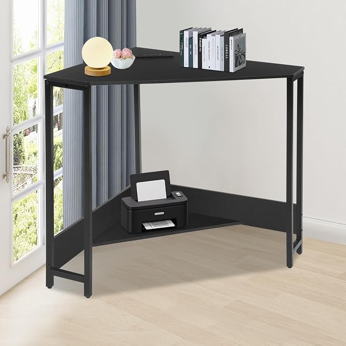 Corner Desk with Outlets and USB Ports, 26.77x26.77x29.53in Triangle Desk with Storage for Home Office, Workstation, Living Room, Bedroom, Small Space (Black)