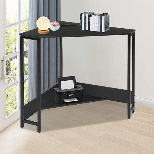 Corner Desk with Outlets and USB Ports, 26.77x26.77x29.53in Triangle Desk with Storage for Home Office, Workstation, Living Room, Bedroom, Small Space (Black)