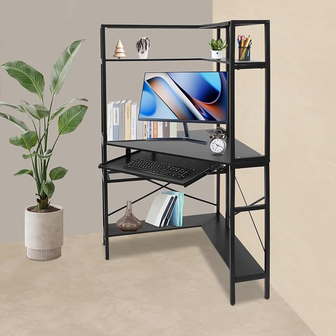 Corner Desk, Triangle Corner Computer Desk with Keyboard Tray and USB Ports, Small Computer Desk with Hutch and LED Lights ComputerDesk for Small Space, Home Office Desk, Black
