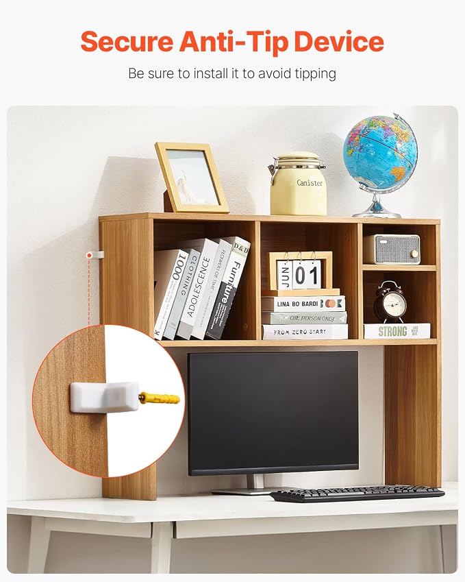 VEVOR Desktop Bookshelf, Storage Organizer with 5 Shelves for Computer Desk, Wooden Shelf Desk Hutch with Anti-Slip Feet Pads, Desk Top Display Rack for Office, Home & Dorm, Brown