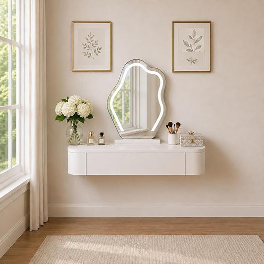 Floating Makeup Vanity Desk with Drawers Wall Mounted Makeup Table with Storage Fully Assembled Floating Vanity Desk Space Saving Modern Dressing Table for Bedroom Closet(White,23.6")