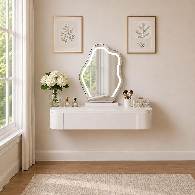 Floating Makeup Vanity Desk with Drawers Wall Mounted Makeup Table with Storage Fully Assembled Floating Vanity Desk Space Saving Modern Dressing Table for Bedroom Closet(White,31.5")