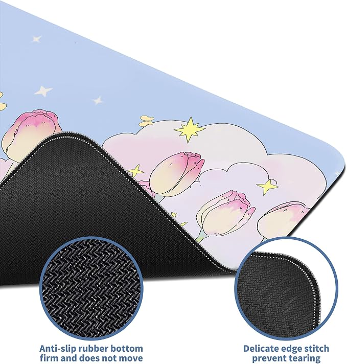 Kawaii Flower Mouse Pad Large Desk Mat Extended Keyboard Mouse Pad Cute XL Mousepad with Non-Slip Base and Stitched Edge Plant MouseMat Desk Pad 31.5 x 11.8 in Mouse Pads for Desk Home Office Gaming