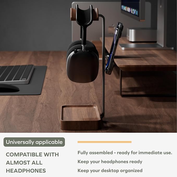 muso wood Walnut Headphone Stand, Wood Headset Stand with Storage Base, Headphones Holder for Gaming, Office, and Home Desk - Compatible with AirPods Max, Bose, Razer (Black)