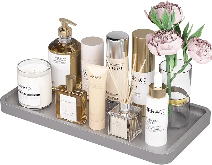 Weenson Bathroom Vanity Tray for Perfume Makeup Jewelry Decor Candle, Bamboo Kitchen Tray for Soap Dispenser Spice, Coffee, Toilet Tank Tray Nightstand Silver 11.81”L x 6.1”W x 0.79”H