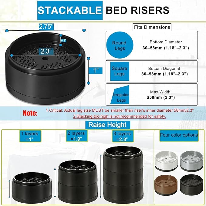 Bed Risers 1 inch, 2 inch, 3 inch, 4 inch Heavy Duty, Adjustable Furniture Riser for Table Desk Couch Sofa Chair Refrigerator Washing Machine, Stackable Bed Raisers Blocks (Black 6 Pack, 1+1+1 inch)