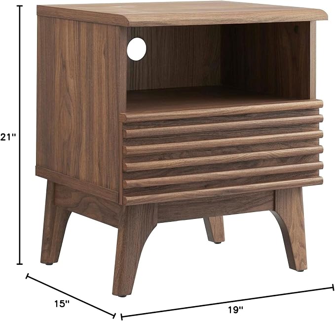 Modway Render Mid-Century Modern, One-Drawer Nightstand, Walnut