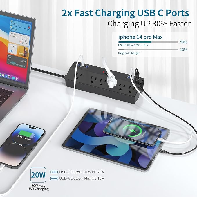 Desk Clamp Power Strip 6FT with 40W USB C Ports, JXGUCAT Flat Plug Desk Mount Power Strip Surge Protector, Removable Extension Cord with 2 USB-C Ports 6 Outlets, Fits 1.8" Tabletop Edge, Black