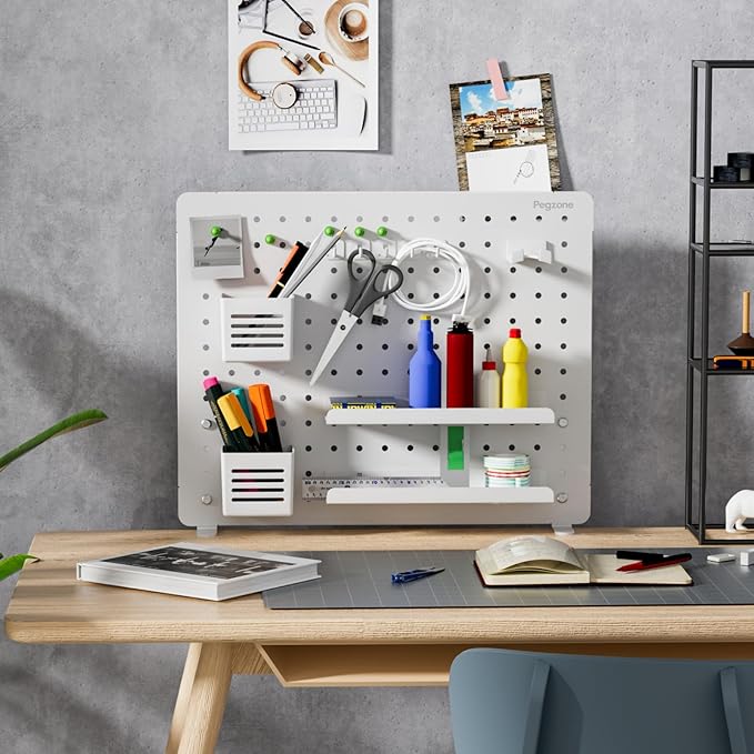 PEGZONE Clamp-on Desk Pegboard, Desk Organizer for Office Gaming Home, Magnetic Metal Peg Board with 15 Accessories, Privacy Panel, 20.4" x 16.5", Large, White