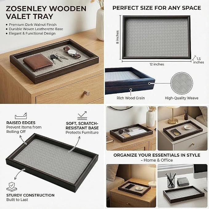 Wooden Valet Tray with Leather Base - Nightstand Catchall Organizer for Cologne, Perfume, Keys, Wallet, Phone, Watch, Jewelry & Sunglasses (Llight Gray)