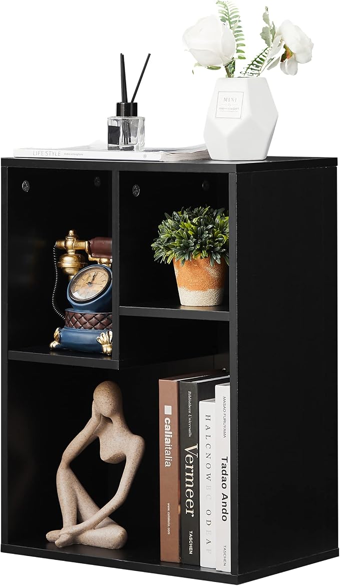 VECELO 15.7" Open Bookshelf, Waterproof Particle Board Asymmetrical Split Cubby Storage Organizer, Black Uneven Compartment Display Cube for Tall Books, Bedroom Dorm Office
