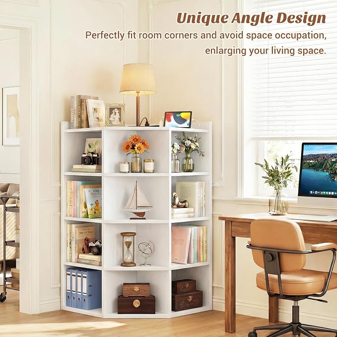 Aheaplus 5-Tier Corner Cube Bookshelf with Power Outlets, Wooden Corner Storage Cabinet with 12 Cubes, Corner Cube Organizer Shelf with Top Table, L Shaped Cubby Bookcase for Home Office, White