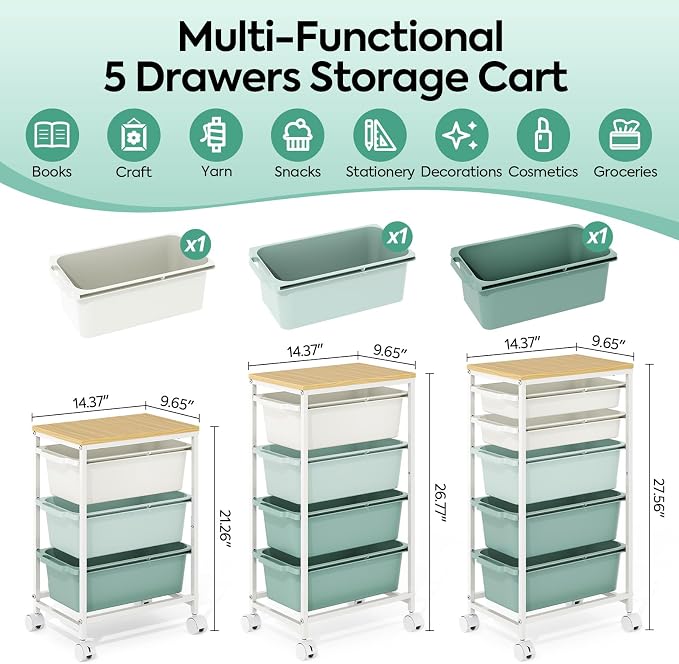 Rolling Storage Cart with 3 Drawers, Craft Organizer, Wooden Tabletop Utility Cart for Bedroom, Children's Room and Office Organization, Under Desk Trolley with Lockable Wheels, Green