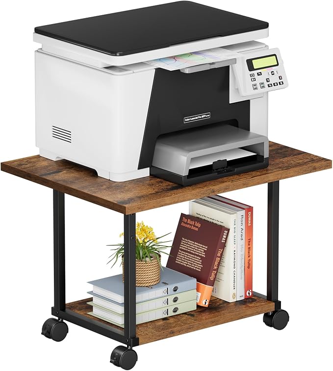 Asgolion Printer Table, 2-Tier Under Desk Printer Stand, Printer Stand with Wheels, Printer Shelf for Small Spaces, Printer Cart for Home Office Rustic Brown