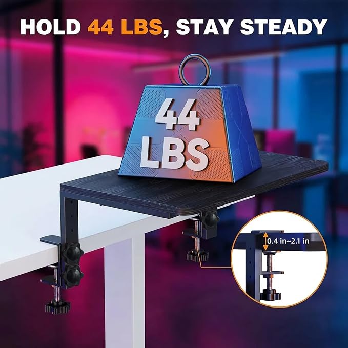 Clamp On Desk Extender, Monitor Riser Shelf, 44 lb Load | Height options, No-drill setup, Heavy duty frame, Office station, Gaming PC area, Home workspace, Storage layer, Black finish