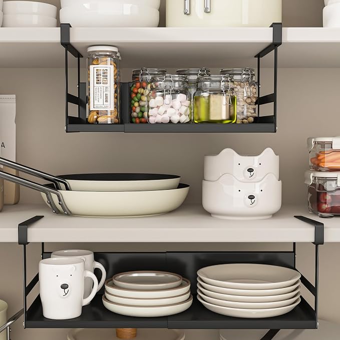 Expandable Under Cabinet Shelf Organizer with 0.94-Inch Thick Clips, Heavy Duty Extendable Under Shelf Storage Basket for Pantry or Laundry Room, Black, 2 Pack, Interior: 4.13" H x 8.54" D