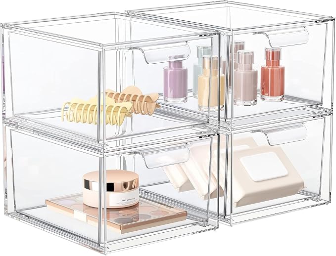 SpaceHacks 4 Pack Stackable Makeup Organizer and Storage, Acrylic Organizers，Clear Plastic Storage Drawer with Handles for Vanity, Undersink, Kitchen Cabinets, Pantry