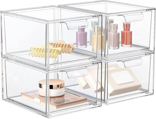SpaceHacks 4 Pack Stackable Makeup Organizer and Storage, Acrylic Organizers，Clear Plastic Storage Drawer with Handles for Vanity, Undersink, Kitchen Cabinets, Pantry