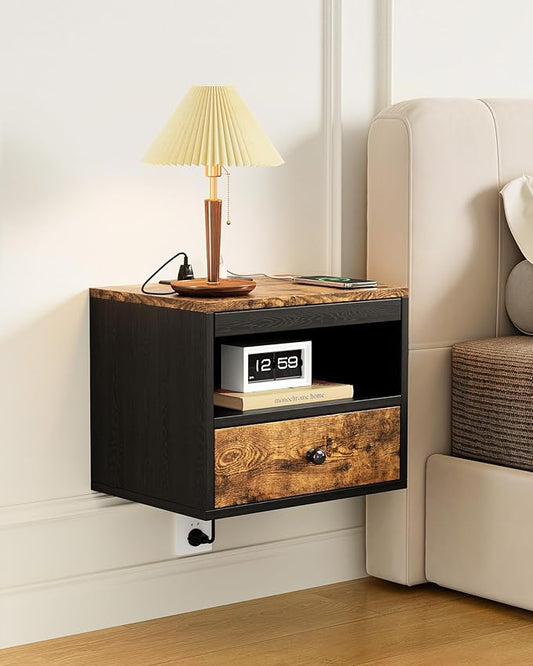 Floating Nightstand with Charging Station,Modern Bedside Table with Drawers and Extension Panel, Small Wall Mounted Nightstands for Bedroom Room，Floating Sofa Side Table（ Rustic Brown