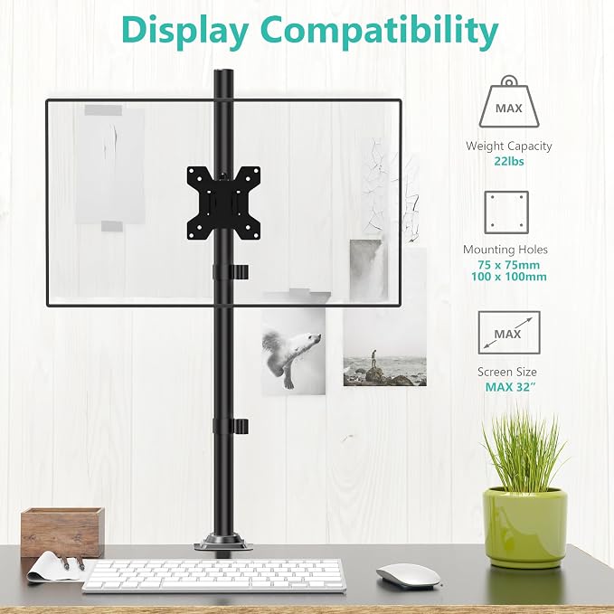 WALI Monitor Arm Mount for Desk, Single Extra Tall Computer Desk Mount, Monitor Bracket Mount Stand Single, up to 32 inch, 22 lbs (M001XL), Black