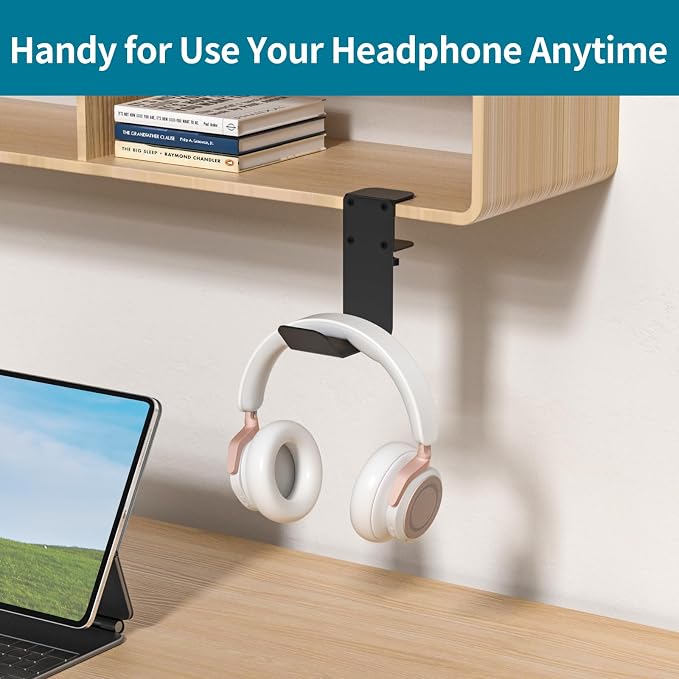 tiebutie Clamp-On Under Desk Headphone Holder/Backpack Hook/PC Gaming Headset Headphone Hanger Mount, Provides a Convenient Place to Hang Headsets or Bags