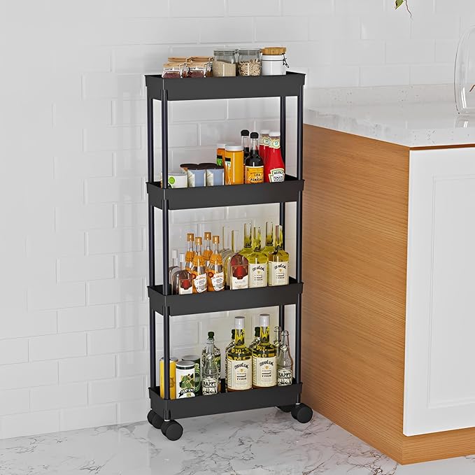 Sooyee 4 Tier Slim Storage Cart, Black | Rolling, Narrow Shelf, Mobile Shelving Unit Organizer, For Kitchen, Bathroom, Laundry Room