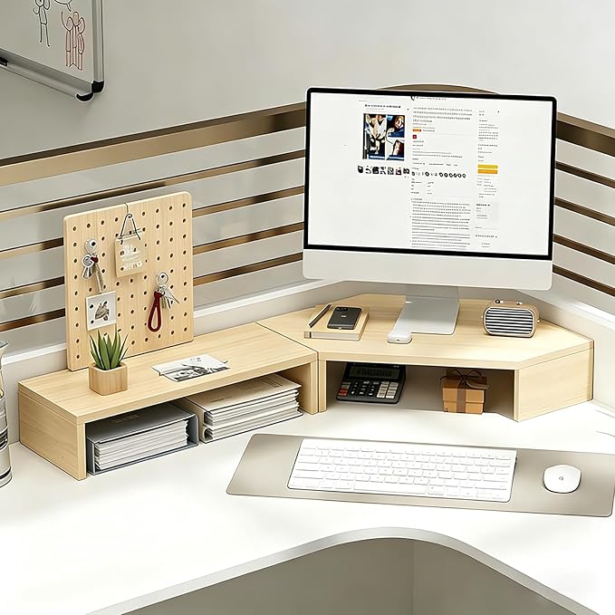 Corner Monitor Stand with Storage Space Triangle Riser Combo Desktop Corner Shelf with Cup Holder Pegboard Office Desk Accessories and Organizer for Office & Home,Natural,Single Layer