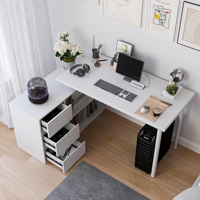 Mekminop L Shape Computer Desk with 3 Drawers and 2 Shelves, Home Office Desk Corner Small Desk with Storage Cabinet for Writing Study Executive – White