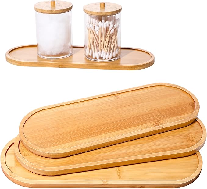 Chengu 3 Pcs Bamboo Vanity Trays for Bathroom Small Wooden Serving Tray for Bathroom Counter Food Appetizer Tea Dessert Kitchen Tissue Toilet Tank Home Decor, 11 x 4 Inch(Oval Edge Style)