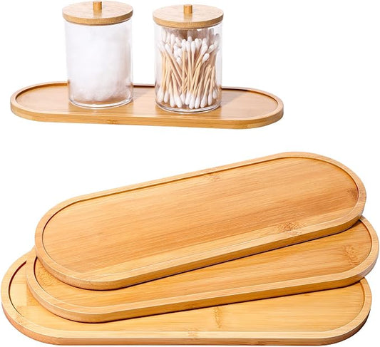 Chengu 3 Pcs Bamboo Vanity Trays for Bathroom Small Wooden Serving Tray for Bathroom Counter Food Appetizer Tea Dessert Kitchen Tissue Toilet Tank Home Decor, 11 x 4 Inch(Oval Edge Style)