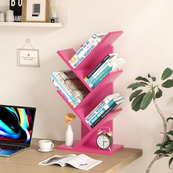 SHEEPAM 5 Tier Tree Book Shelf, Small Desktop Bookshelf with Storage Organizer, Wood Bookcase, Desk Display Bookshelves, Floor Standing Organizer Bookcases for Living Room,Bedroom,Office-Pink