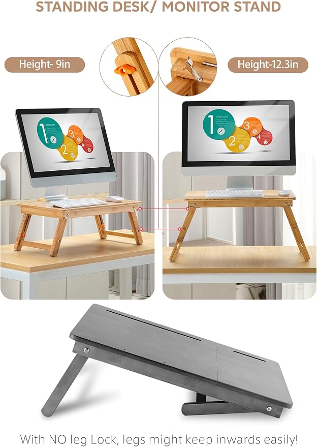 Laptop Desk Nnewvante Table Adjustable Bamboo Foldable Breakfast Serving Bed Tray w' Tilting Top Drawer