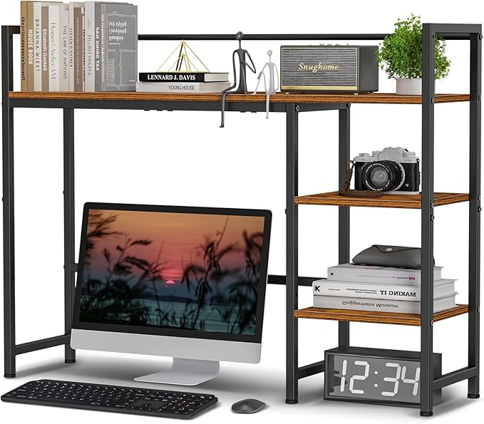 Snughome Desk Shelf, 38.6" Desktop Organizer Shelf, Desk Hutch for Computer Monitor, 4 Tier Desk Display Rack, Wood Desktop Bookshelf Storage Rack for Home Office Dorm, Rustic Brown | Desktop Organizer Shelf