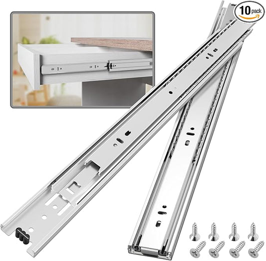 10 Pair Full Extension Ball Bearing Drawer Slides 8 10 12 14 16 18 20 22 24 Inch 100 LB Load Capacity Side Mount File Cabinet Rails Dresser Metal Runner Trash Can Kitchen (18 inch, Silver)